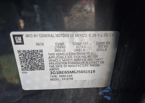 2018 Chevrolet Cruze Lt Auto z USA, uszkodzony, nr VIN 3G1BE6SM6JS651519